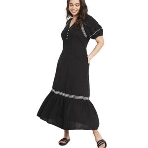 Old Navy Black Crinkle Crepe Gauzy V-Neck Boho Maxi Prairie Dress Size Small